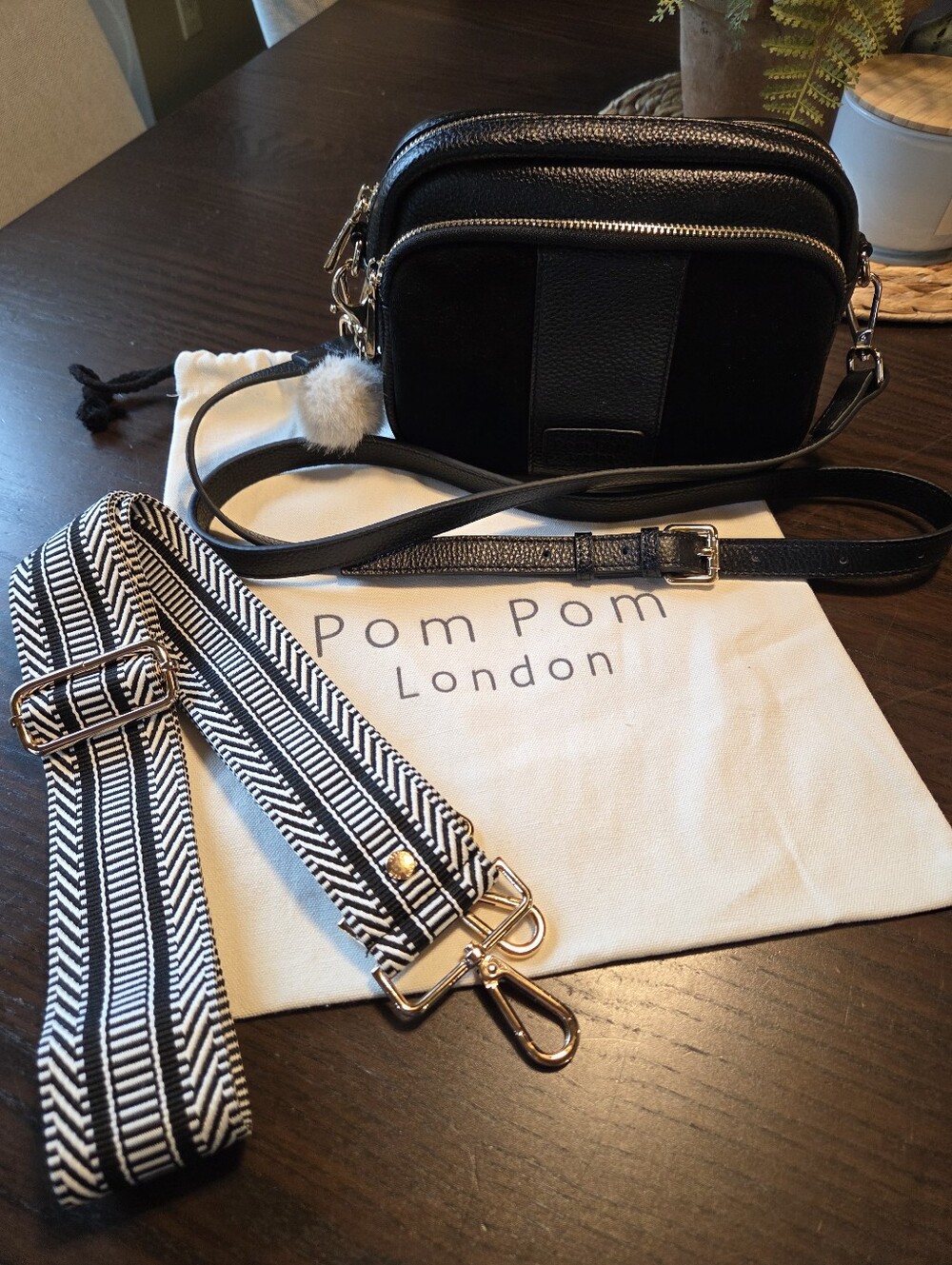 Pom Pom London Black Suede & Leather City Crossbody Bag Purse Bundle EUC